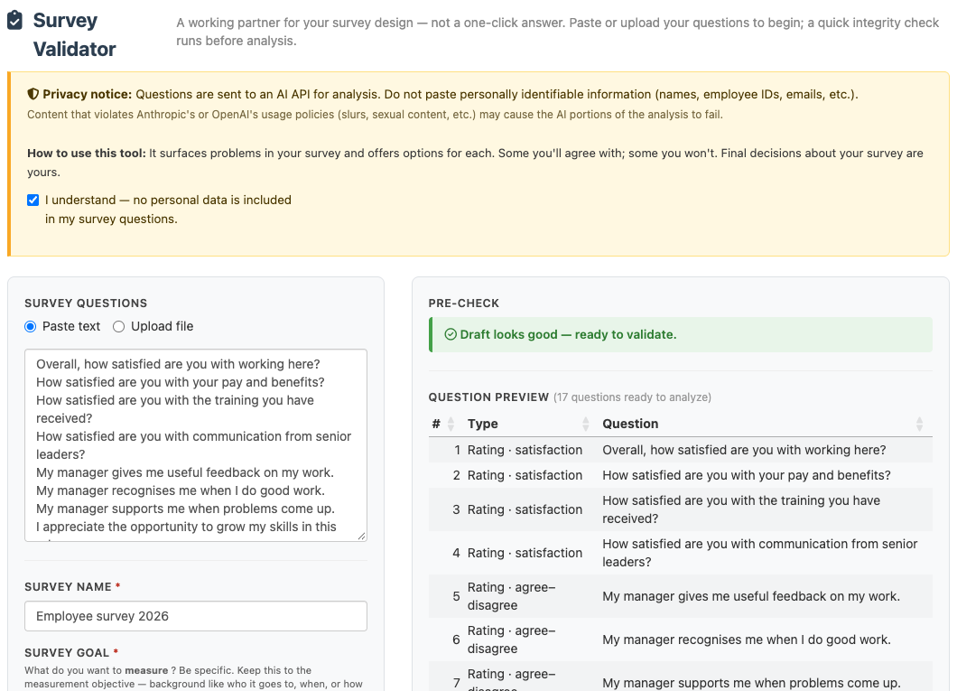 The Validator's first page with the sample survey pasted in, and the pre-check listing each question and its answer scale