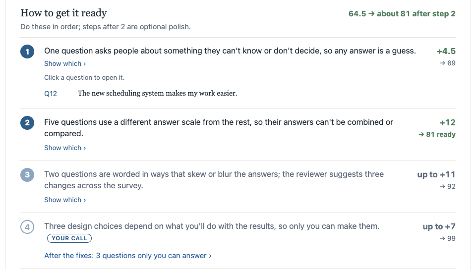 How to get it ready: four numbered steps with the points each adds, and the last one marked Your call