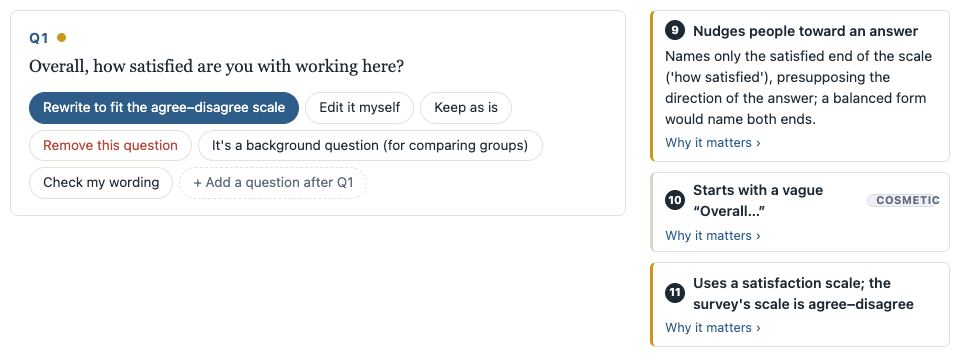 Two questions from the sample, each with its actions and the notes beside it explaining what to fix and why