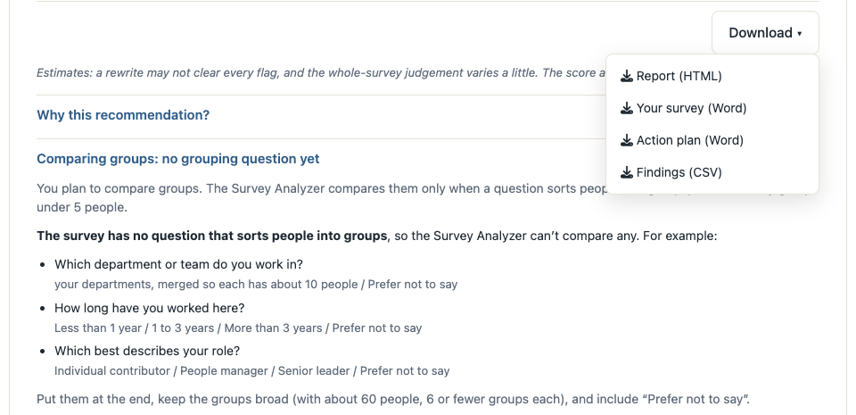 The Download menu (report, survey, action plan, findings) above the Comparing groups panel with suggested grouping questions