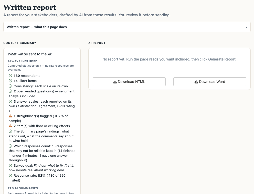 The written report page: what will be sent to the AI, and the area where the report appears with Word and HTML downloads